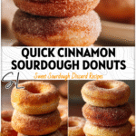A stack of baked sourdough discard donuts dusted with cinnamon sugar on a rustic plate.